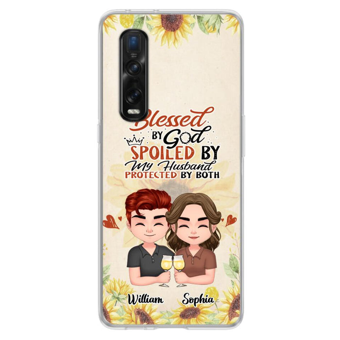 Custom Personalized Chibi Couple Phone Case - Gift Idea For Couple - Blessed By God, Spoiled By My Husband, Protected By Both - Cases For Oppo, Xiaomi & Huawei