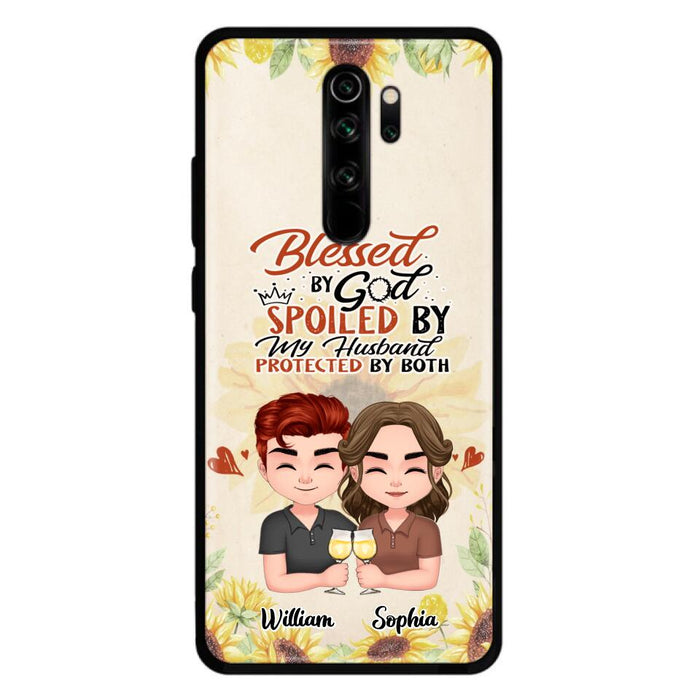 Custom Personalized Chibi Couple Phone Case - Gift Idea For Couple - Blessed By God, Spoiled By My Husband, Protected By Both - Cases For Oppo, Xiaomi & Huawei