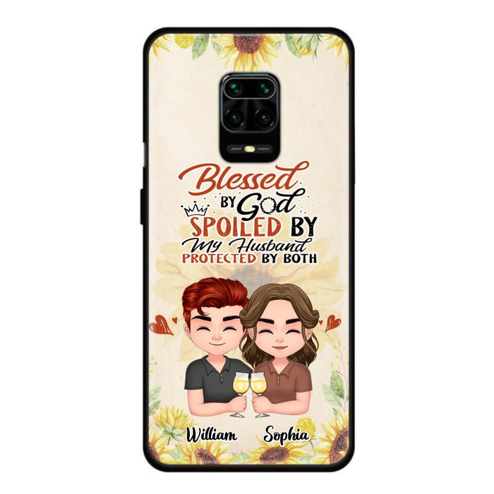 Custom Personalized Chibi Couple Phone Case - Gift Idea For Couple - Blessed By God, Spoiled By My Husband, Protected By Both - Cases For Oppo, Xiaomi & Huawei