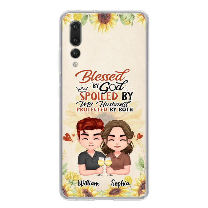 Custom Personalized Chibi Couple Phone Case - Gift Idea For Couple - Blessed By God, Spoiled By My Husband, Protected By Both - Cases For Oppo, Xiaomi & Huawei