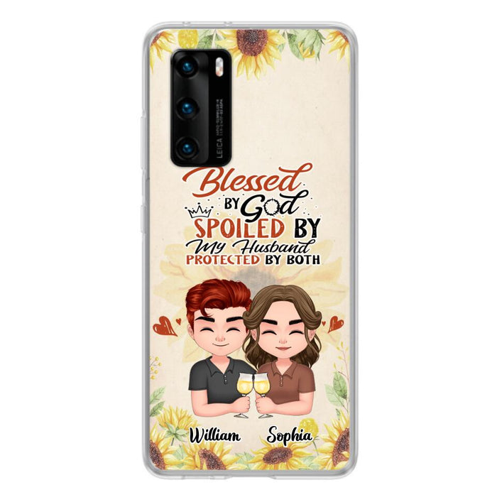 Custom Personalized Chibi Couple Phone Case - Gift Idea For Couple - Blessed By God, Spoiled By My Husband, Protected By Both - Cases For Oppo, Xiaomi & Huawei