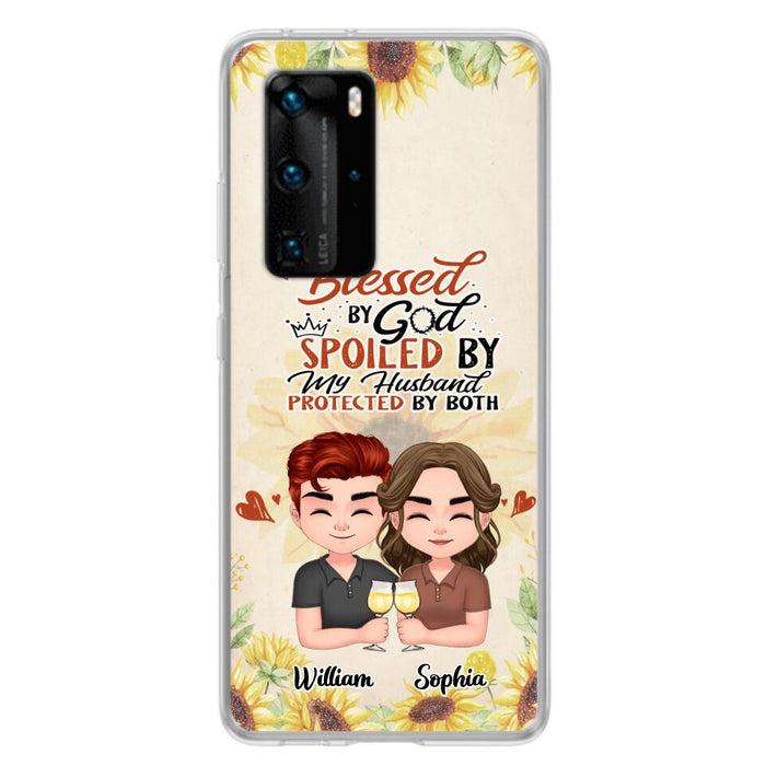 Custom Personalized Chibi Couple Phone Case - Gift Idea For Couple - Blessed By God, Spoiled By My Husband, Protected By Both - Cases For Oppo, Xiaomi & Huawei