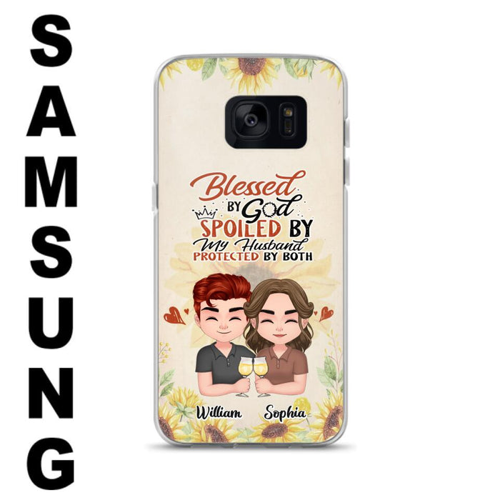 Custom Personalized Chibi Couple Phone Case - Gift Idea For Couple - Blessed By God, Spoiled By My Husband, Protected By Both - Case For iPhone & Samsung