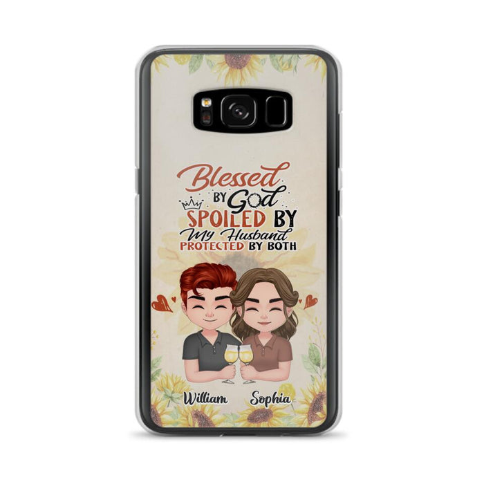 Custom Personalized Chibi Couple Phone Case - Gift Idea For Couple - Blessed By God, Spoiled By My Husband, Protected By Both - Case For iPhone & Samsung