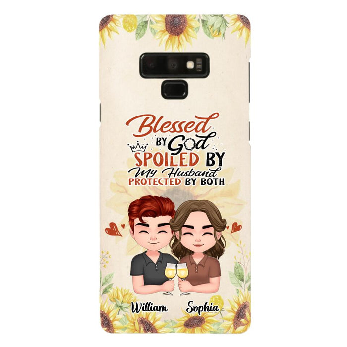 Custom Personalized Chibi Couple Phone Case - Gift Idea For Couple - Blessed By God, Spoiled By My Husband, Protected By Both - Case For iPhone & Samsung