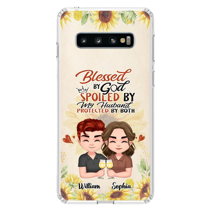 Custom Personalized Chibi Couple Phone Case - Gift Idea For Couple - Blessed By God, Spoiled By My Husband, Protected By Both - Case For iPhone & Samsung