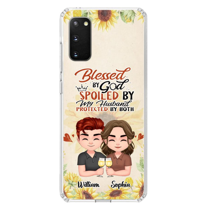 Custom Personalized Chibi Couple Phone Case - Gift Idea For Couple - Blessed By God, Spoiled By My Husband, Protected By Both - Case For iPhone & Samsung