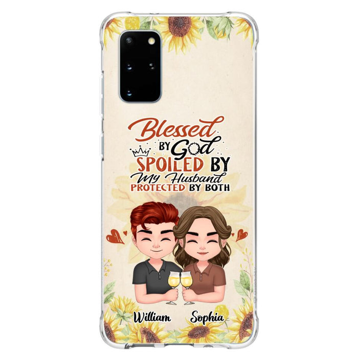 Custom Personalized Chibi Couple Phone Case - Gift Idea For Couple - Blessed By God, Spoiled By My Husband, Protected By Both - Case For iPhone & Samsung