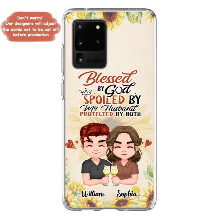 Custom Personalized Chibi Couple Phone Case - Gift Idea For Couple - Blessed By God, Spoiled By My Husband, Protected By Both - Case For iPhone & Samsung