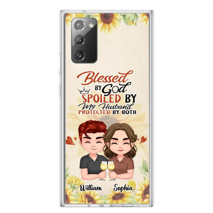 Custom Personalized Chibi Couple Phone Case - Gift Idea For Couple - Blessed By God, Spoiled By My Husband, Protected By Both - Case For iPhone & Samsung