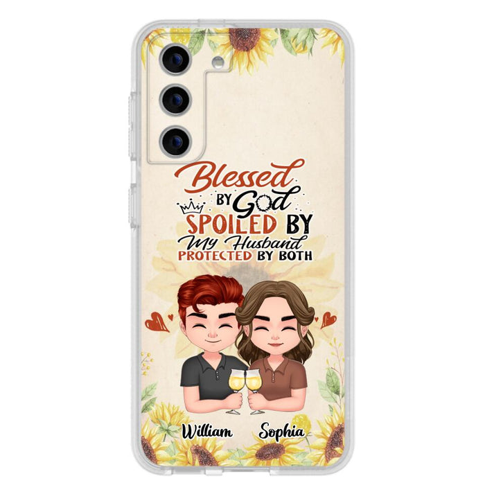 Custom Personalized Chibi Couple Phone Case - Gift Idea For Couple - Blessed By God, Spoiled By My Husband, Protected By Both - Case For iPhone & Samsung