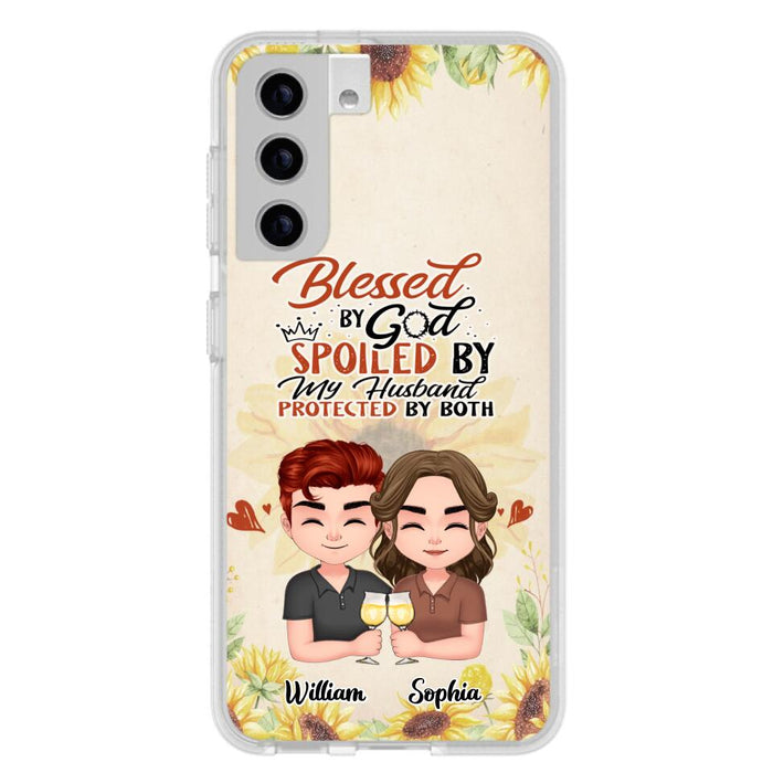 Custom Personalized Chibi Couple Phone Case - Gift Idea For Couple - Blessed By God, Spoiled By My Husband, Protected By Both - Case For iPhone & Samsung