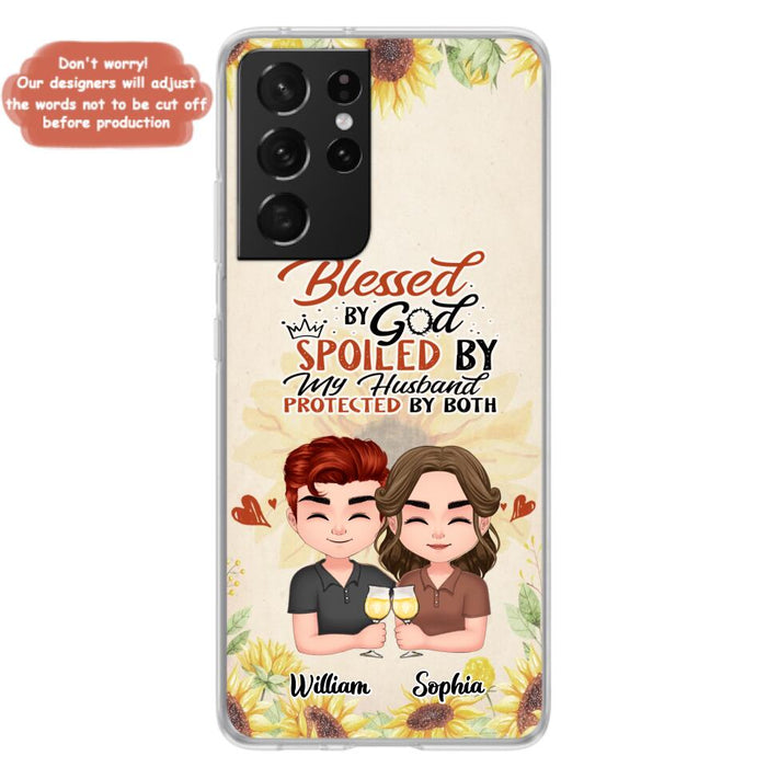 Custom Personalized Chibi Couple Phone Case - Gift Idea For Couple - Blessed By God, Spoiled By My Husband, Protected By Both - Case For iPhone & Samsung