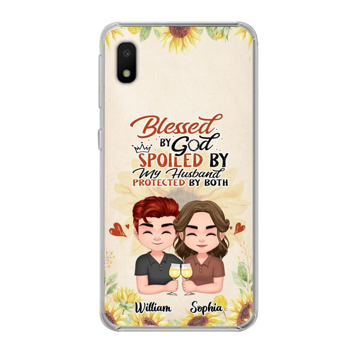 Custom Personalized Chibi Couple Phone Case - Gift Idea For Couple - Blessed By God, Spoiled By My Husband, Protected By Both - Case For iPhone & Samsung