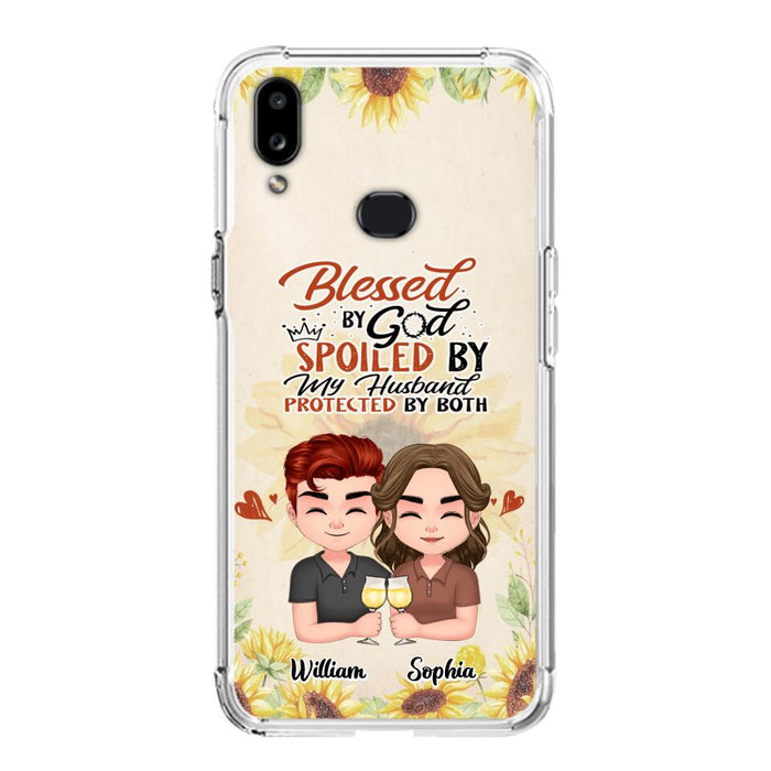 Custom Personalized Chibi Couple Phone Case - Gift Idea For Couple - Blessed By God, Spoiled By My Husband, Protected By Both - Case For iPhone & Samsung