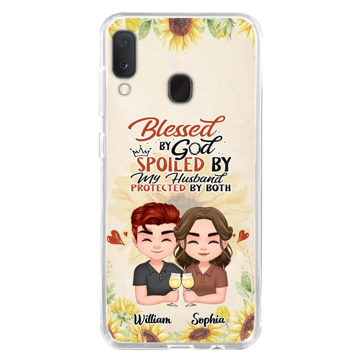 Custom Personalized Chibi Couple Phone Case - Gift Idea For Couple - Blessed By God, Spoiled By My Husband, Protected By Both - Case For iPhone & Samsung