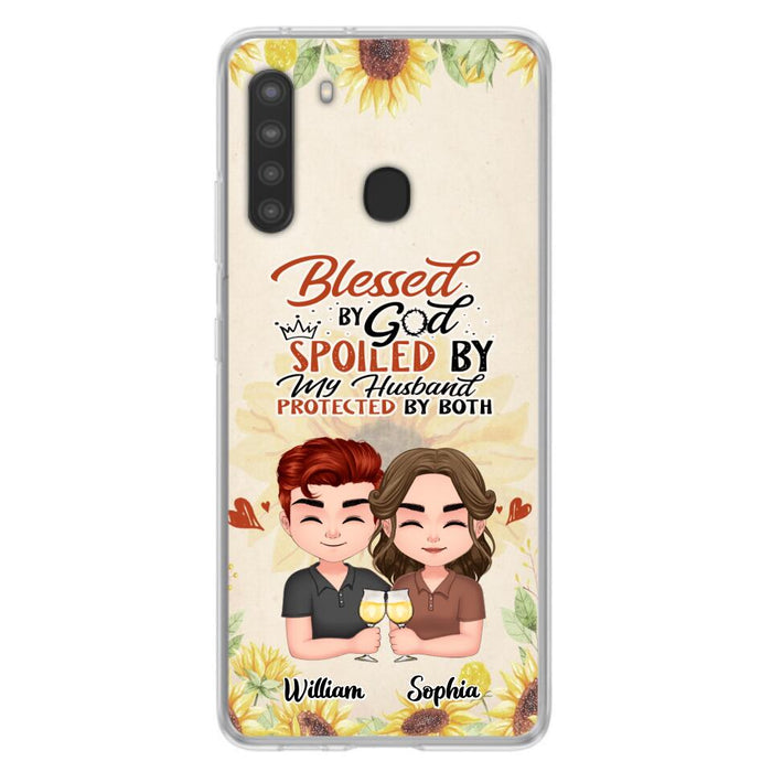 Custom Personalized Chibi Couple Phone Case - Gift Idea For Couple - Blessed By God, Spoiled By My Husband, Protected By Both - Case For iPhone & Samsung