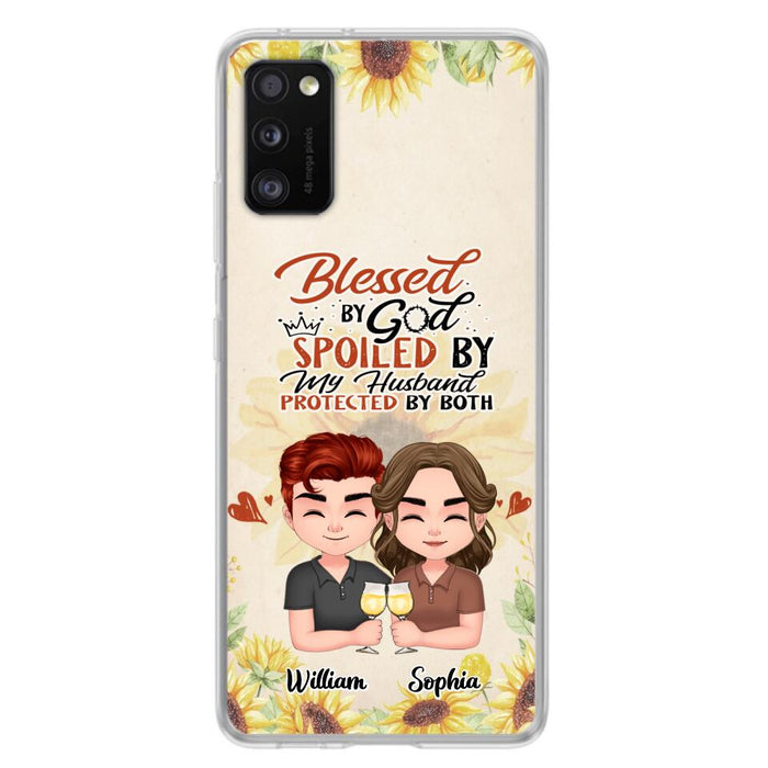 Custom Personalized Chibi Couple Phone Case - Gift Idea For Couple - Blessed By God, Spoiled By My Husband, Protected By Both - Case For iPhone & Samsung