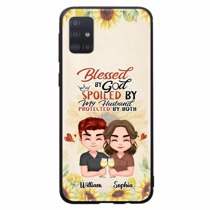 Custom Personalized Chibi Couple Phone Case - Gift Idea For Couple - Blessed By God, Spoiled By My Husband, Protected By Both - Case For iPhone & Samsung