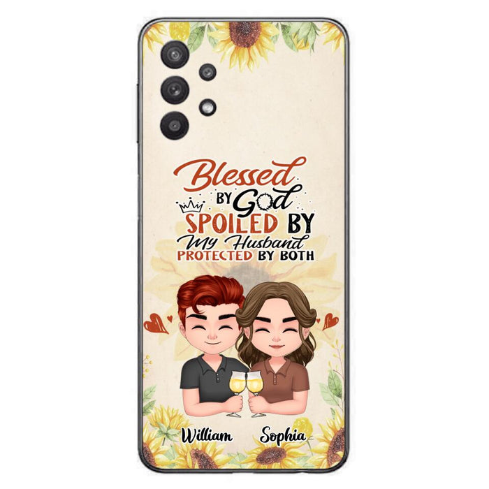 Custom Personalized Chibi Couple Phone Case - Gift Idea For Couple - Blessed By God, Spoiled By My Husband, Protected By Both - Case For iPhone & Samsung