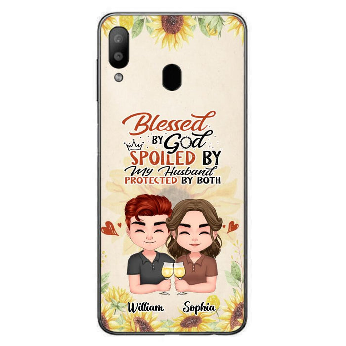 Custom Personalized Chibi Couple Phone Case - Gift Idea For Couple - Blessed By God, Spoiled By My Husband, Protected By Both - Case For iPhone & Samsung