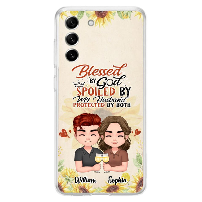 Custom Personalized Chibi Couple Phone Case - Gift Idea For Couple - Blessed By God, Spoiled By My Husband, Protected By Both - Case For iPhone & Samsung