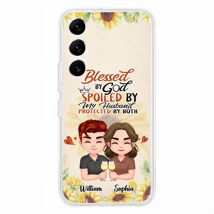 Custom Personalized Chibi Couple Phone Case - Gift Idea For Couple - Blessed By God, Spoiled By My Husband, Protected By Both - Case For iPhone & Samsung