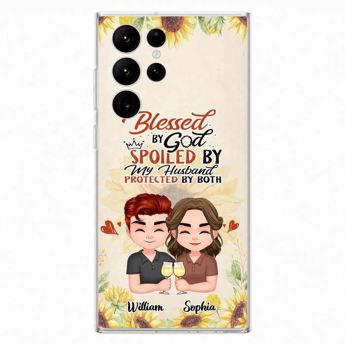 Custom Personalized Chibi Couple Phone Case - Gift Idea For Couple - Blessed By God, Spoiled By My Husband, Protected By Both - Case For iPhone & Samsung