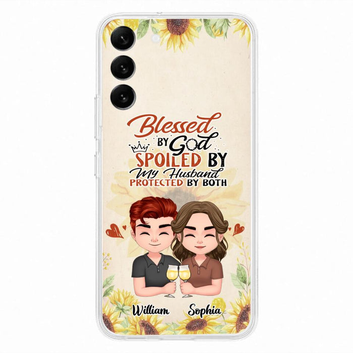 Custom Personalized Chibi Couple Phone Case - Gift Idea For Couple - Blessed By God, Spoiled By My Husband, Protected By Both - Case For iPhone & Samsung