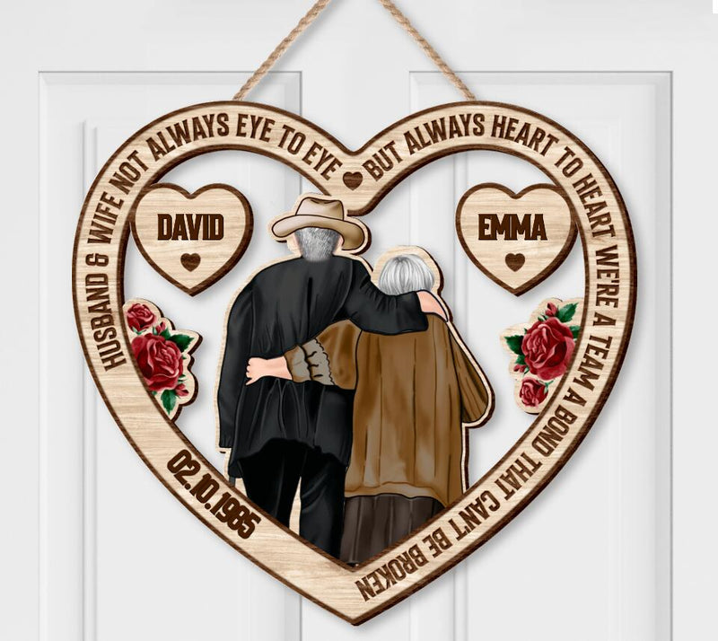 Personalized Heart Couple Wooden Sign - Gift Idea For Couple - Husband And Wife Not Always  Eye To Eye But Always Heart To Heart