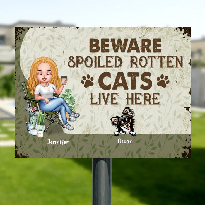 Custom Personalized Garden Metal Sign -  Upto 7 Pets - Funny Gardening Gift For Dog/ Cat Lover - Beware Spoiled Rotten Dogs Live Here