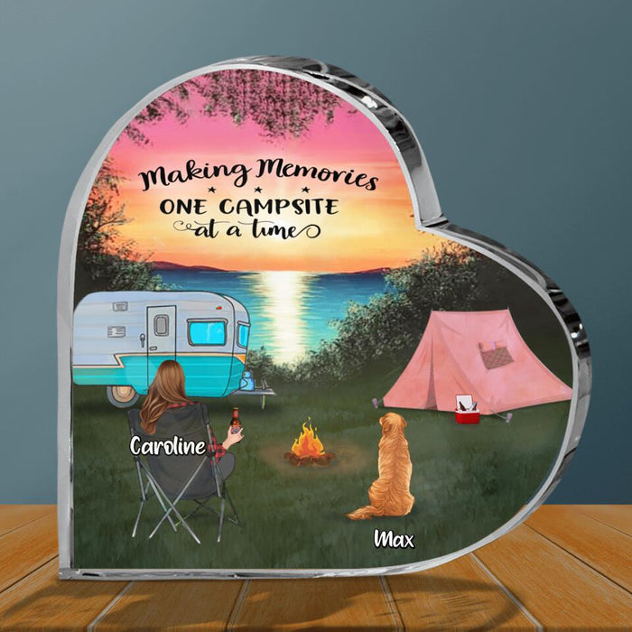 Custom Personalized Camping Crystal Heart - Couple With Upto 2 Kids And 3 Pets - Gift Idea For Camping Lover - Making Memories One Campsite At A Time