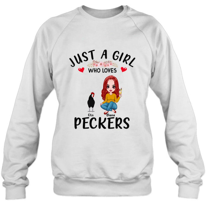 Custom Personalized Chickens T-Shirt - Up to 4 Chickens - Just A Girl Who Loves Peckers