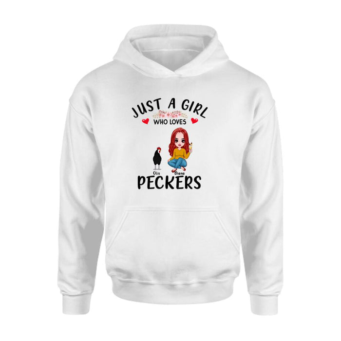 Custom Personalized Chickens T-Shirt - Up to 4 Chickens - Just A Girl Who Loves Peckers