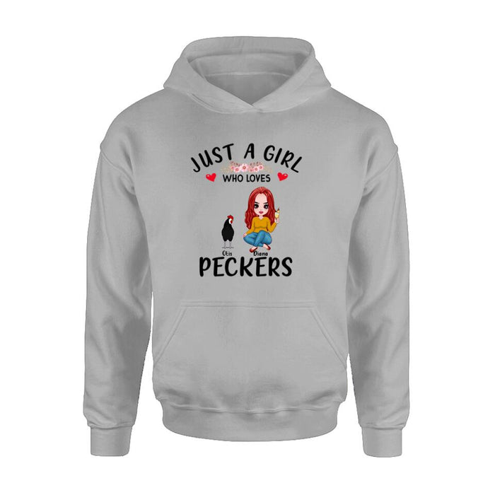 Custom Personalized Chickens T-Shirt - Up to 4 Chickens - Just A Girl Who Loves Peckers