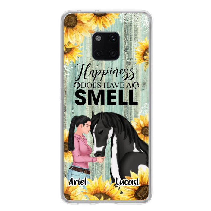 Custom Personalized Horse Girl Phone Case - Up to 3 Horses - Gift Idea for Horse Lover - Happiness Does Have A Smell - Case for Xiaomi, Huawei & Oppo