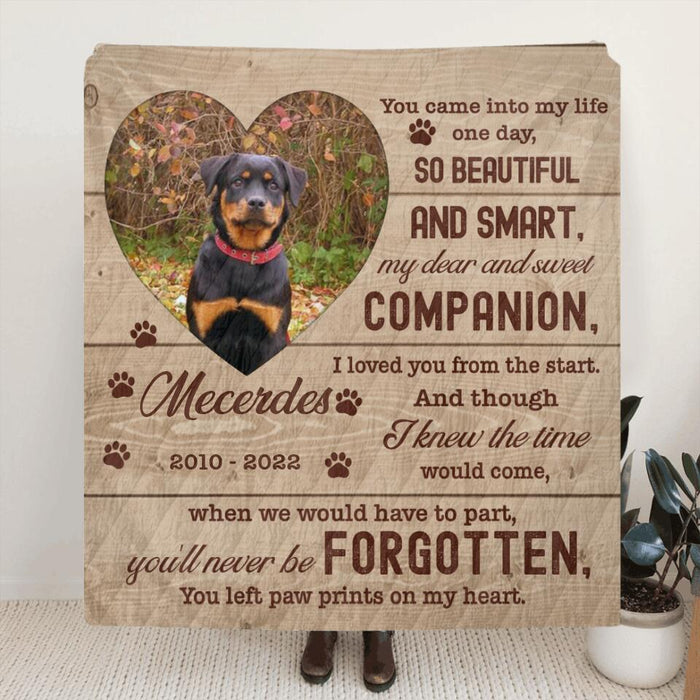 Personalized Custom Photo Pet Loss Pillow Cover & Fleece/ Quilt Blanket - Memorial Gift Idea For Pet Lover - Paw Prints On My Heart