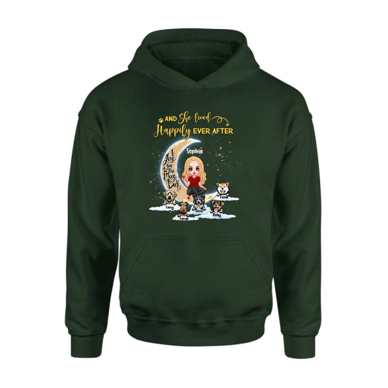 Personalized Dog Mom On Moon Shirt - Girl With Up to 5 Dogs - Gift Idea For Dog Lover - And She Lived Happily Ever After
