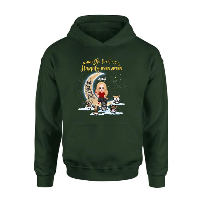 Personalized Dog Mom On Moon Shirt - Girl With Up to 5 Dogs - Gift Idea For Dog Lover - And She Lived Happily Ever After