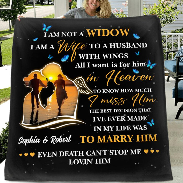 Custom Personalized Couple Quilt/Fleece Blanket & Pillow Cover - Memorial Gift Idea For Couple - I Am A Wife To A Husband With Wings