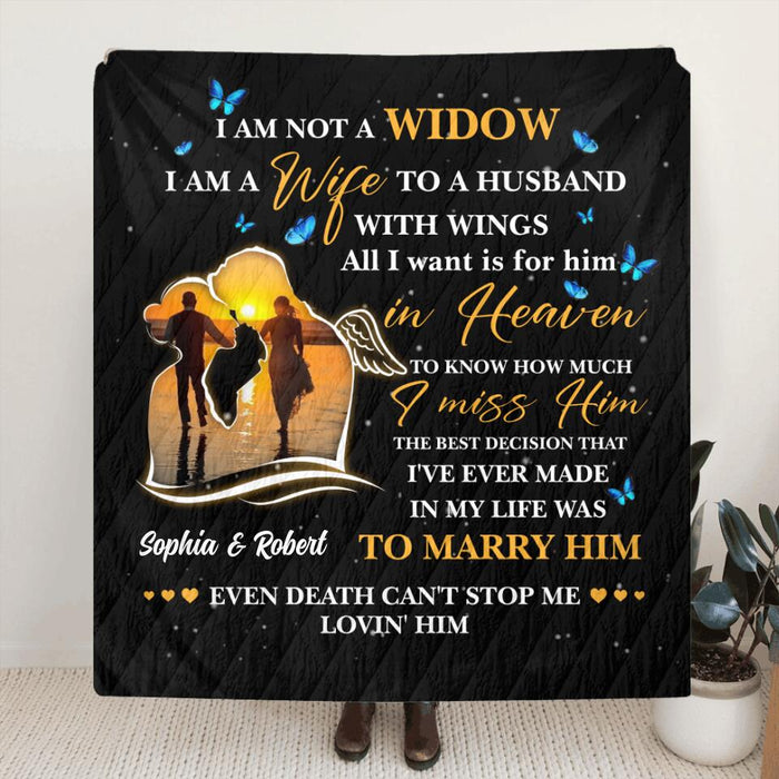 Custom Personalized Couple Quilt/Fleece Blanket & Pillow Cover - Memorial Gift Idea For Couple - I Am A Wife To A Husband With Wings