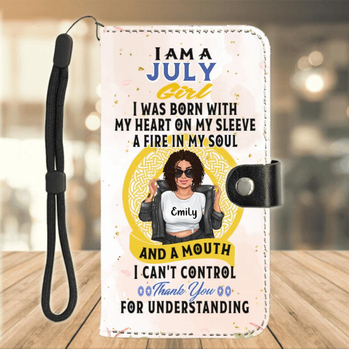 Personalized I Am A July Girl Flip Leather Purse For Mobile Phone - Birthday Gift Idea For Girl