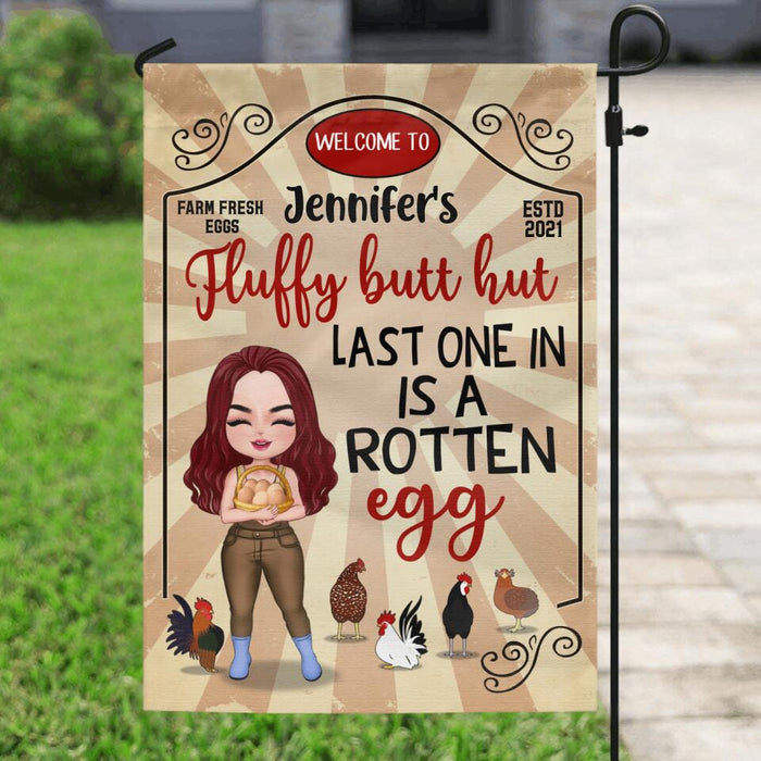 Custom Personalized Chicken Flag - Gift Idea For Chicken Lover/Couple - Fluffy Butt Hut Last One In Is A Rotten Egg