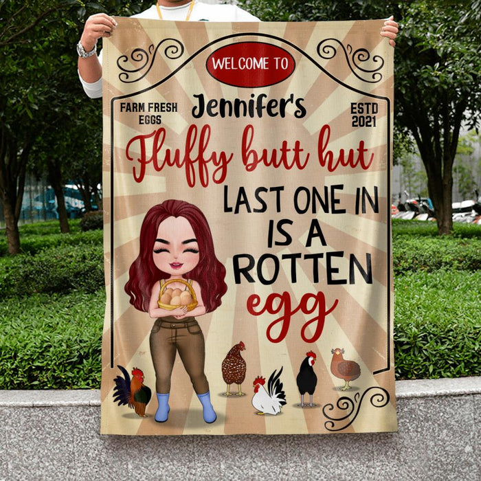 Custom Personalized Chicken Flag - Gift Idea For Chicken Lover/Couple - Fluffy Butt Hut Last One In Is A Rotten Egg