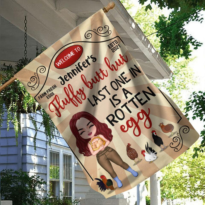 Custom Personalized Chicken Flag - Gift Idea For Chicken Lover/Couple - Fluffy Butt Hut Last One In Is A Rotten Egg