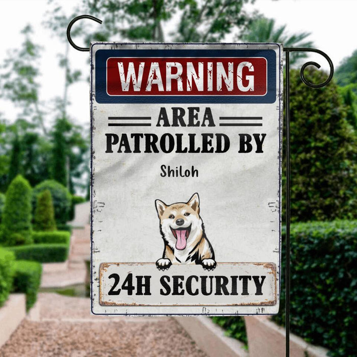 Custom Personalized Warning Dog Flag Sign - Gift Idea For Dog Lovers - Up To 5 Dogs - Warning Area Patrolled By 24h Security