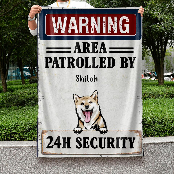 Custom Personalized Warning Dog Flag Sign - Gift Idea For Dog Lovers - Up To 5 Dogs - Warning Area Patrolled By 24h Security