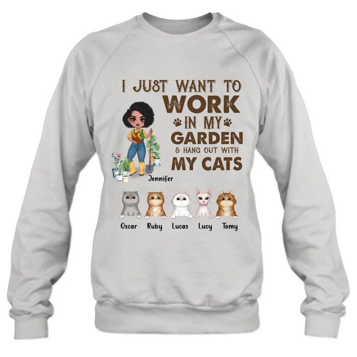 Custom Personalized Pet Garden Shirt/ Hoodie- Upto 5 Pets - Funny Gardening Gift For Dog/ Cat Lover - I Just Want To Work In My Garden & Hang Out With My Cats