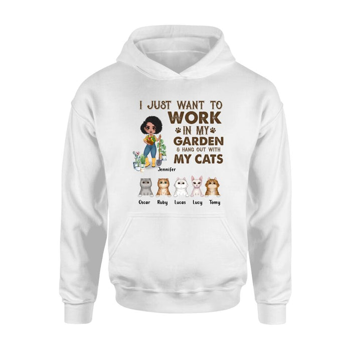 Custom Personalized Pet Garden Shirt/ Hoodie- Upto 5 Pets - Funny Gardening Gift For Dog/ Cat Lover - I Just Want To Work In My Garden & Hang Out With My Cats