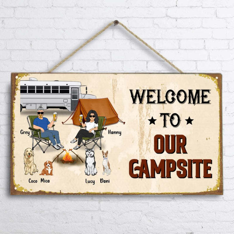 Personalized Couple Camping Door Sign - Couple With Up to 4 Pets - Gift Idea For Camping/Dog/Cat Lover - Welcome To Our Campsite